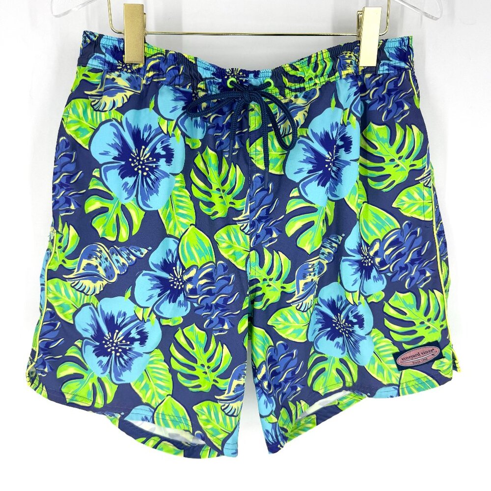 Vineyard Vines Tropical Print Lined Swim Trunks Blue Green Size Men's Medium